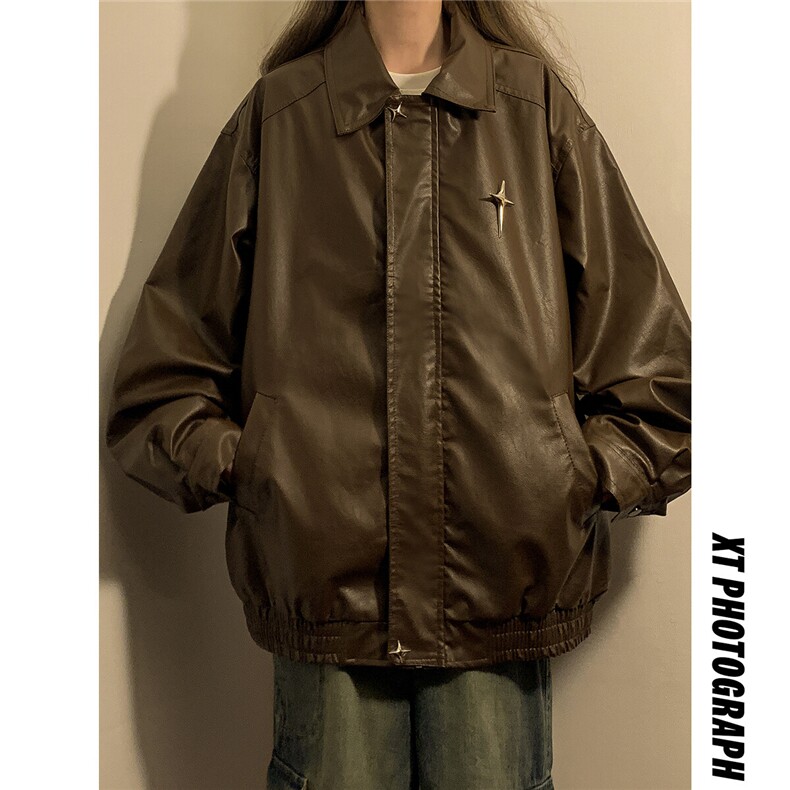 1中性美式四芒星可拆卸胸针PU皮大码M-5XL夹克男JK77771P85控118，女装短外套，星座226-2