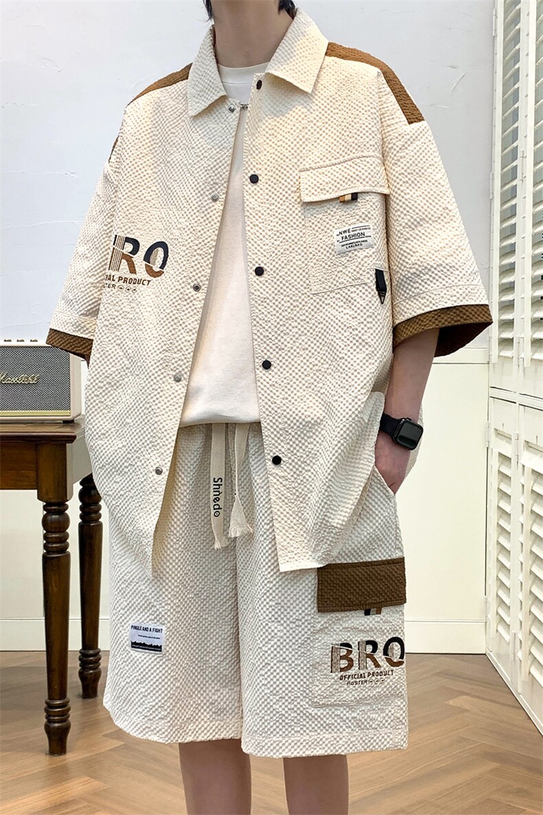 夏季潮流玉米格开衫宽松短袖衬衣短裤帅气港风套装A436-D219-P60,男装休闲套装,电商A436