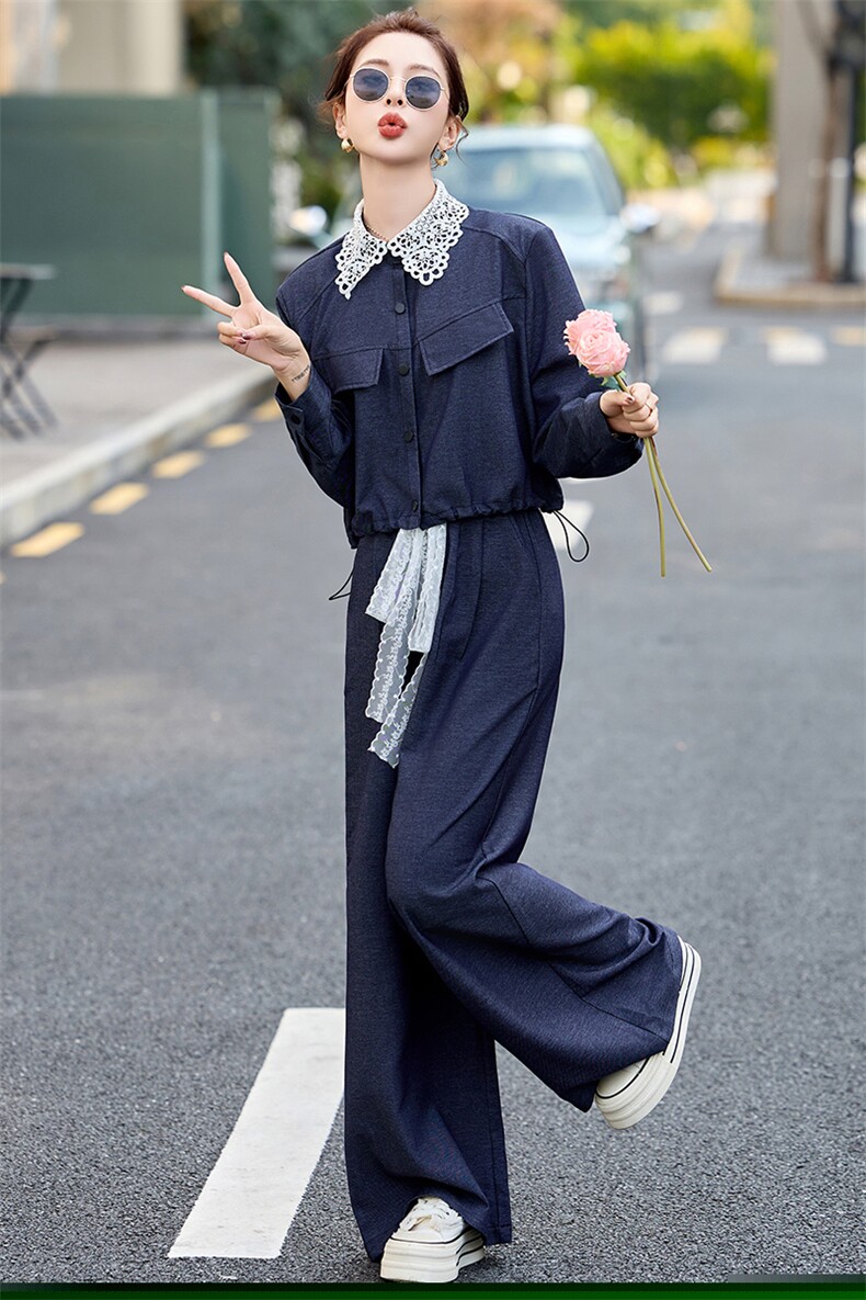 牛仔套装女2025开春季新款超火韩系甜美小香风减龄蕾丝阔腿裤穿搭,商品下架区,韩然一族