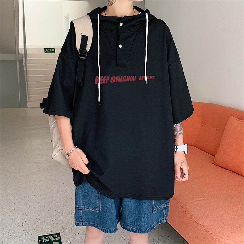 LD54071-P45连帽短袖t恤男大码胖子带帽五分袖中袖,男装T恤,电商A040