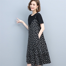 拼接假两件碎花连衣裙女夏2025新款遮肉显瘦微胖mm休闲吊带雪纺裙，女装连衣裙，璐依舞