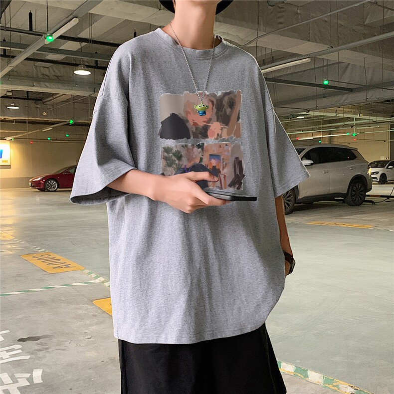 2025港风夏季潮牌情侣文艺复兴油画慵懒风短袖T恤T67P25控38,男装T恤,电商A247