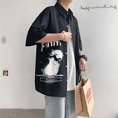 2021夏季新款港风模特已注册猫咪印花宽松短袖衬衫C3003-P35，男装衬衫，电商A001