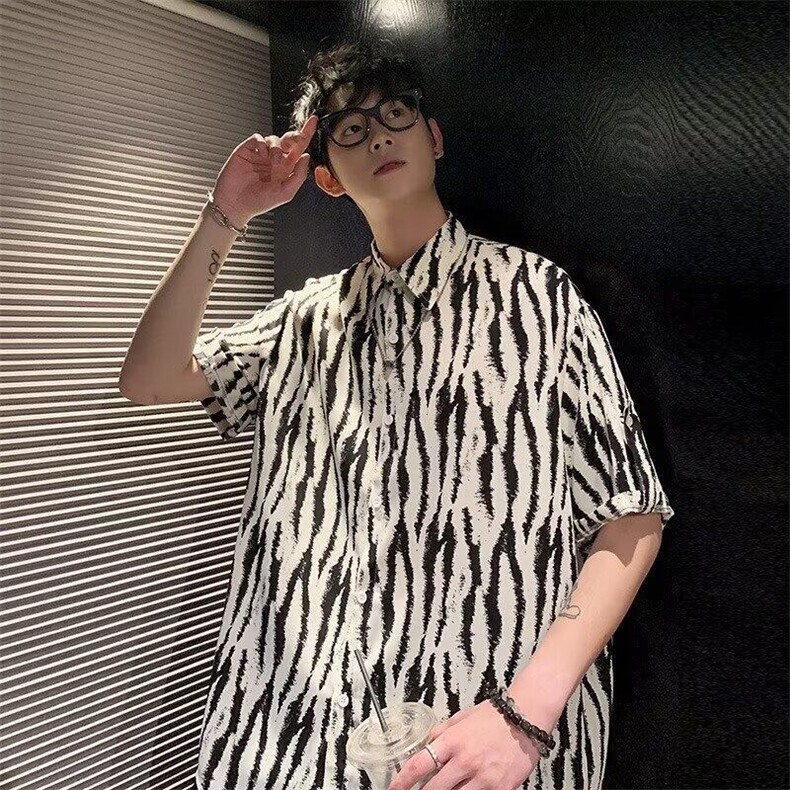 夏季潮流巴洛克七分袖衬衫男士高街小众设计高级感衬衣,男装衬衫,星座506A