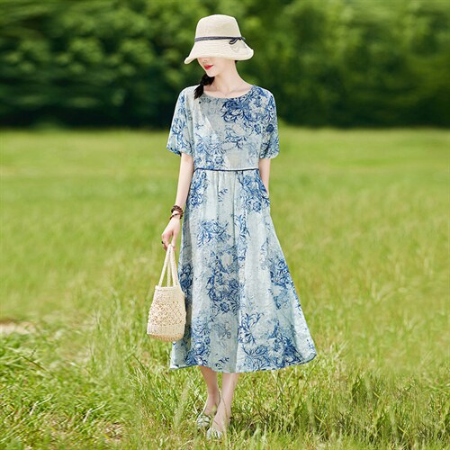 清仓夏季女装苎麻碎花连衣裙时尚复古文艺洋气减龄大码高端长裙子图片