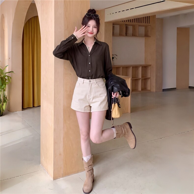 2026秋季新款显瘦长袖衬衫女高级感咖色假两件,女装衬衫,