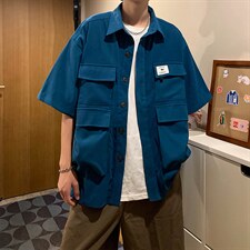 新款韩版宽松潮流工装衬衫夏季港风百搭休闲衬衣外套男W3387-P42，男装衬衫，星座512-2