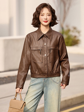 海宁真皮皮衣外套女短款2025春秋新款修身减龄气质时尚百搭皮夹克，女装皮衣，臻衣坊