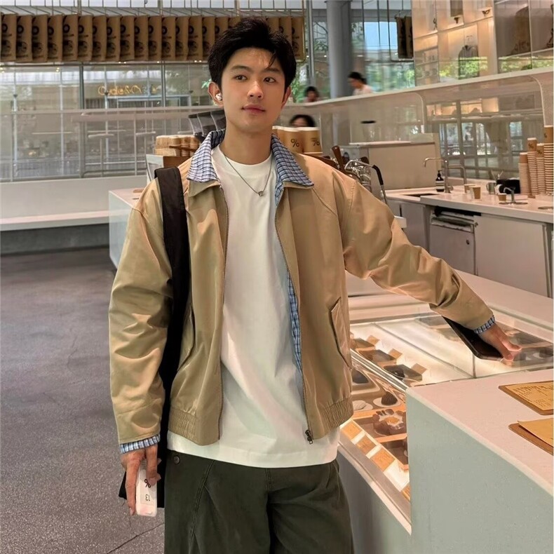 格子拼接短款外套工装风春秋2025新款小个子休闲美式风夹克上衣,男装夹克,星座601-1