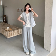 盐甜系穿搭蓝色蕾丝拼接西装马甲三件套女夏新款显瘦气质长裤套装，女装套装/套裙，2C203