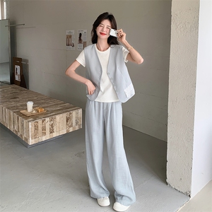 盐甜系穿搭蓝色蕾丝拼接西装马甲三件套女夏新款显瘦气质长裤套装图片