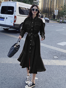 红色连衣裙女2021早春装新款韩版收腰鱼尾衬衫裙法式复古轻熟气质图片
