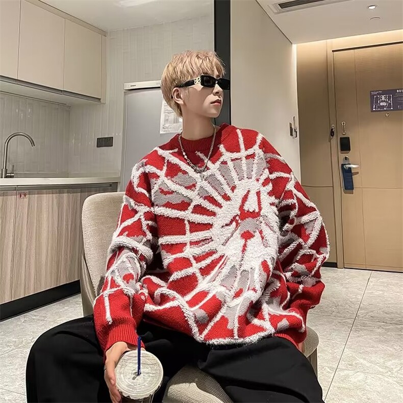 针织衫男韩版潮流蜘蛛网拼色个性2023秋冬季新款ins毛衣MZ078-P58图片