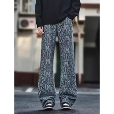 1506-1/KFT12621/P48蓝色提花满印牛仔裤男春秋设计感小众直筒裤，男装牛仔裤，星座1506-1