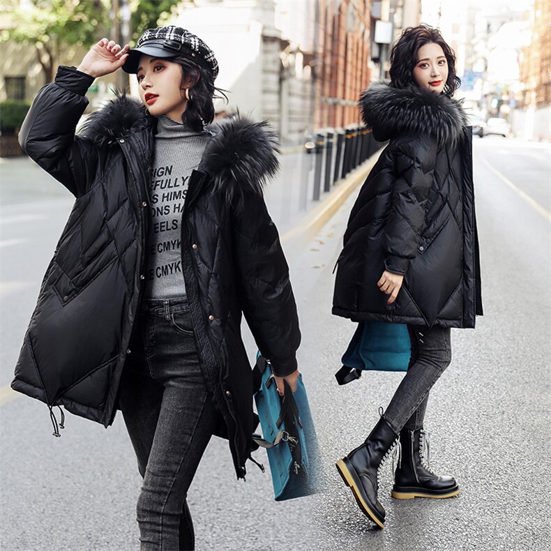玫红色90白鸭绒羽绒服女中长款大毛领外套【高仿毛下架】,女装羽绒服,鑫源服饰