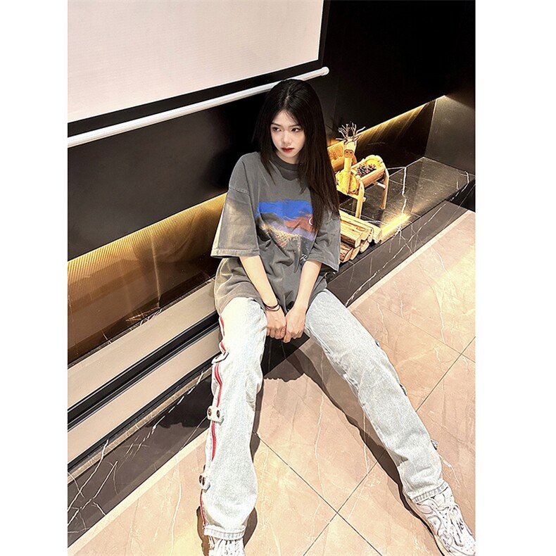 B221美式ins高街暗黑小众毛边破洞直筒牛仔裤LK23112-P75控98,男装牛仔裤,电商B221