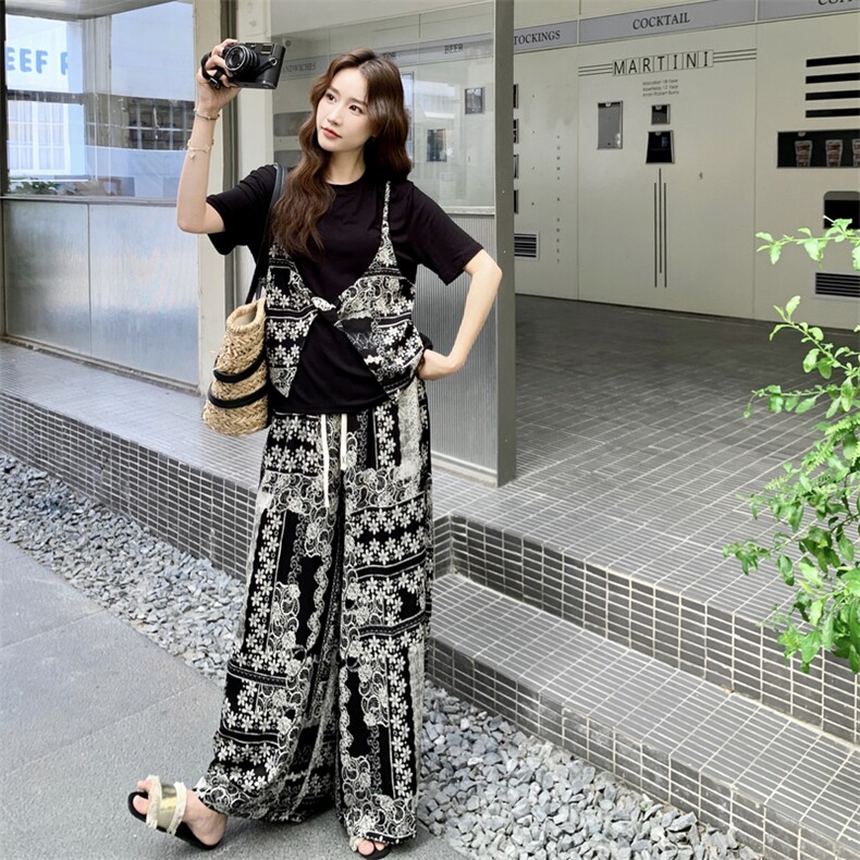 复古印花假两件上衣阔腿裤两件套女2025夏新款法式松弛感休闲套装,女装套装/套裙,2C115