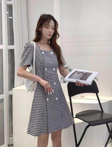 夏季新款小香风千鸟格方领收腰修身显瘦连衣裙，女装连衣裙，秀丽一生