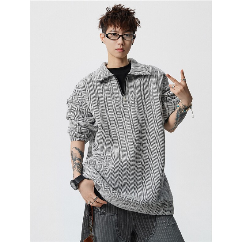 雪尼尔满天星半拉链翻领卫衣大码高级Polo衫外套LW610特P50加绒60,男装Polo衫,电商B215