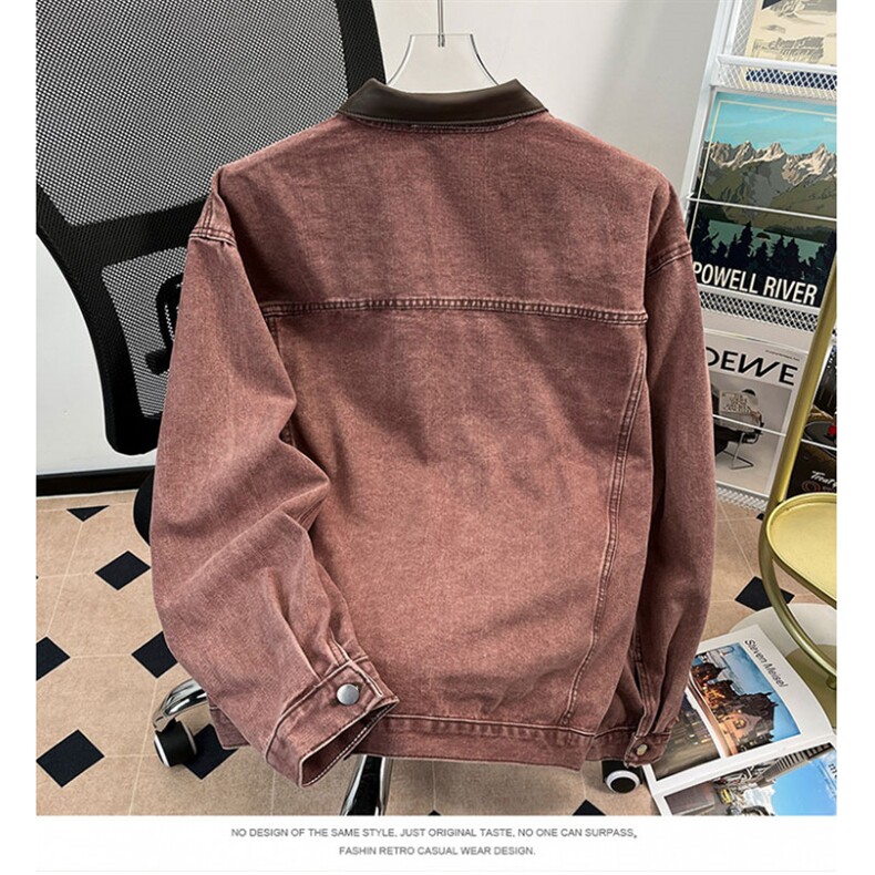 港风秋款男牛仔夹克衫大口袋PU皮领宽松休闲外套JK8876P75,男装工装外套,星座1013-1