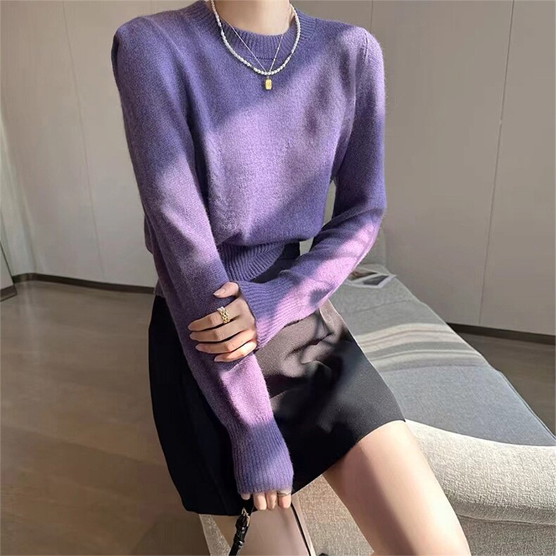 时尚百搭紫色圆领短款羊毛衫显瘦修身麦穗针织毛衣,女装羊毛衫,泰沅羊绒
