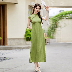 改良旗袍高腰连衣裙女夏季中国风唐装复古显瘦女日常可穿过膝长裙图片