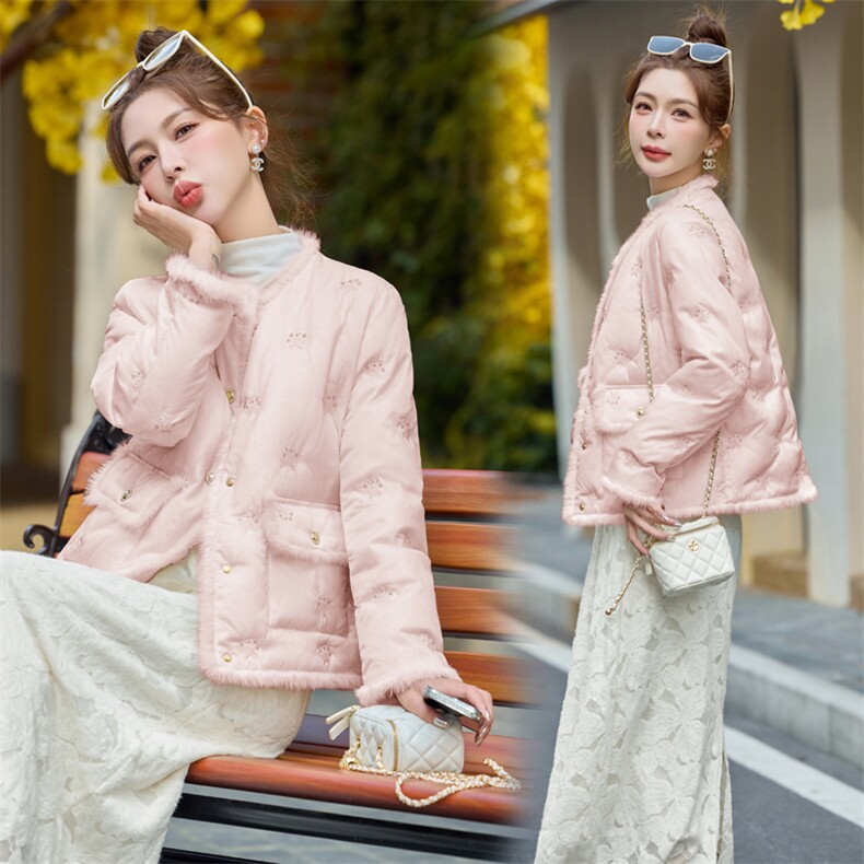 【bao款现货】2024新款冬装新中式刺绣拼接水貂毛羽绒服白鸭绒,女装羽绒服,雅静靓衣