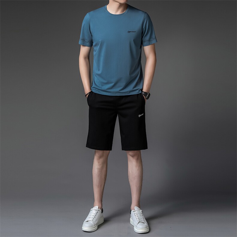 2023夏季新款冰丝中老年夏季休闲中年短袖t恤男运动衣服男装套装,男装T恤,电商B212（原钱塘6029）