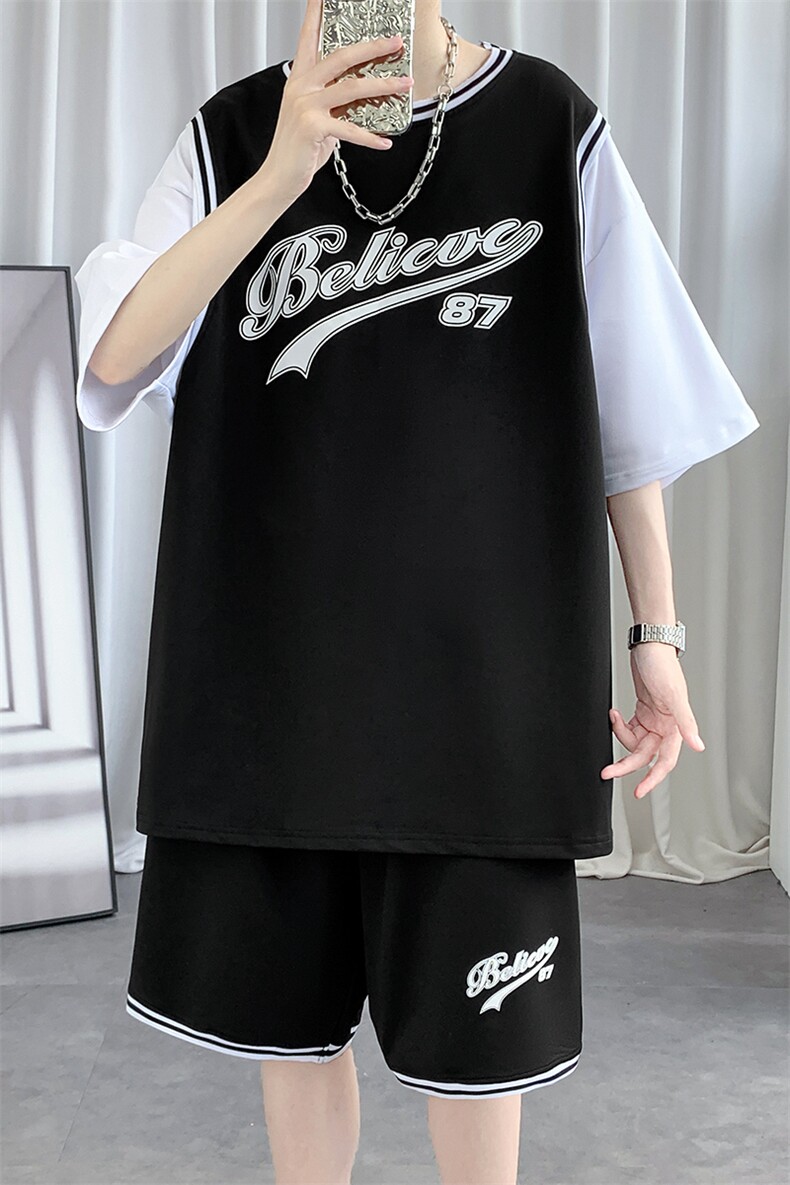 夏季短袖T恤套装青少年纯棉篮球服男潮流两件套男装F312P60控89,男装休闲套装,电商A086