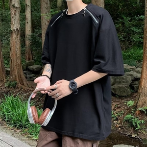 美式拉链短袖t恤男夏季重磅高街痞帅圆领半袖潮牌宽松纯色体恤衫图片