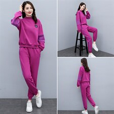 加绒加厚休闲服套装女春秋新款半高领卫衣减龄拼接运动显瘦两件套，女装套装/套裙，凯瑟曼