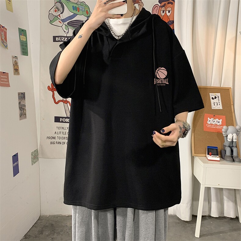 LD54237-P45连帽短袖t恤男大码胖子带帽五分袖中袖,男装T恤,电商A040
