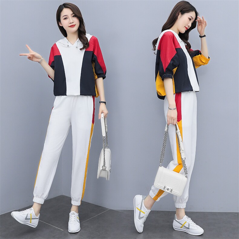 2021夏季新款简约时尚优雅气质撞色拼接连帽休闲两件套,女装套装/套裙,曼娅璐