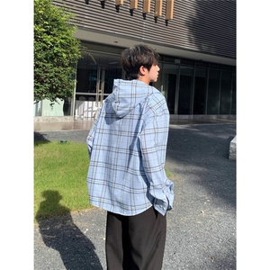 春秋美式高级感上衣连帽格子长袖衬衫男女宽松休闲防晒衬衣外套潮图片