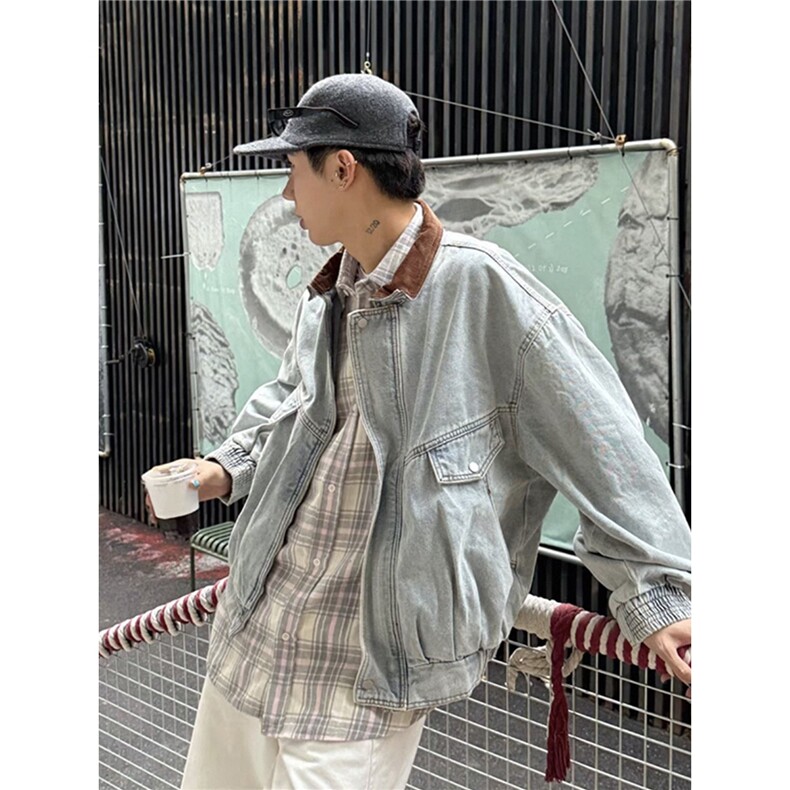 撞色复古翻领夹克牛仔衣男春秋季美式街头怀旧风水洗廓形牛仔外套,男装工装外套,星座506A