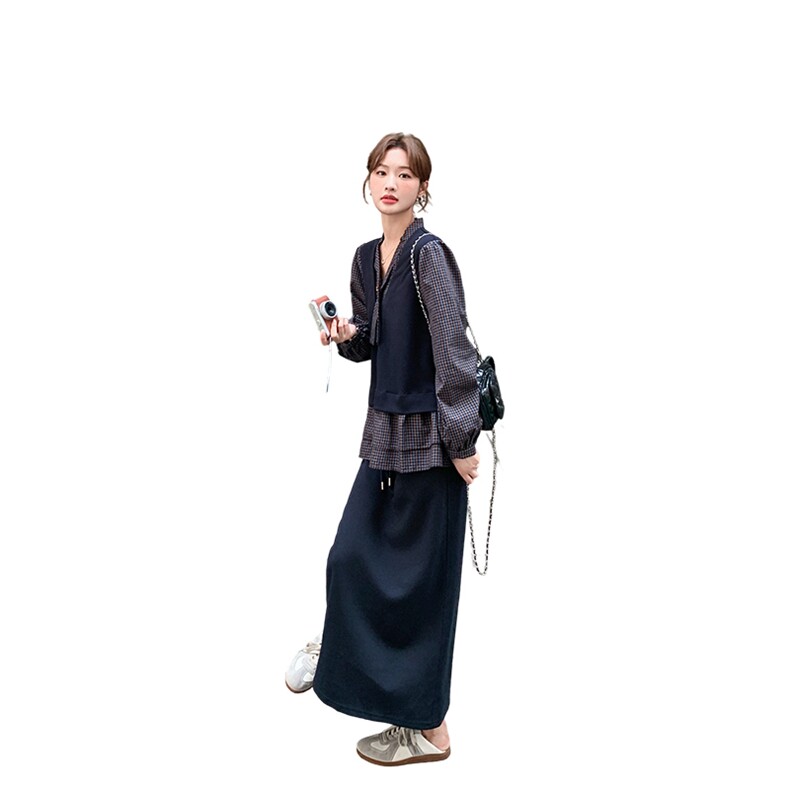 主推款!现货！韩系格纹拼接假两件半身裙套装6876-P175-K258,女装套装/套裙,2D034