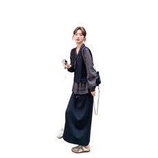 主推款!现货！韩系格纹拼接假两件半身裙套装6876-P175-K258，女装套装/套裙，2D034