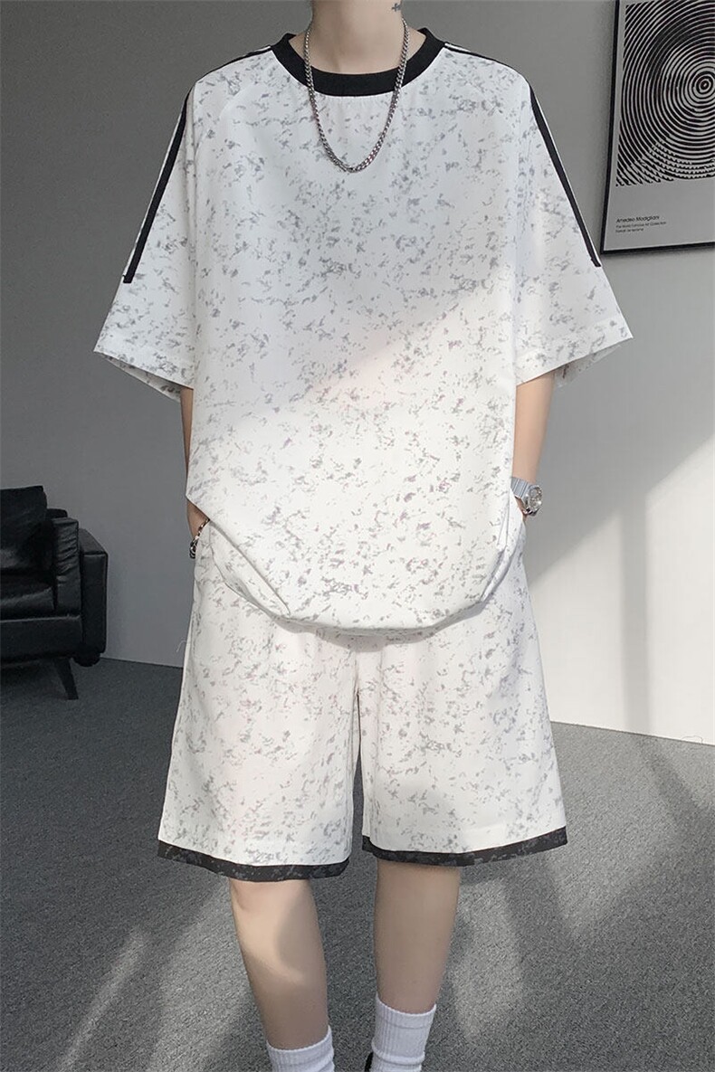 TZ787-特批55控98夏季休闲百搭扎染冰丝大码T恤短袖短裤套装男,男装牛仔裤,电商A059