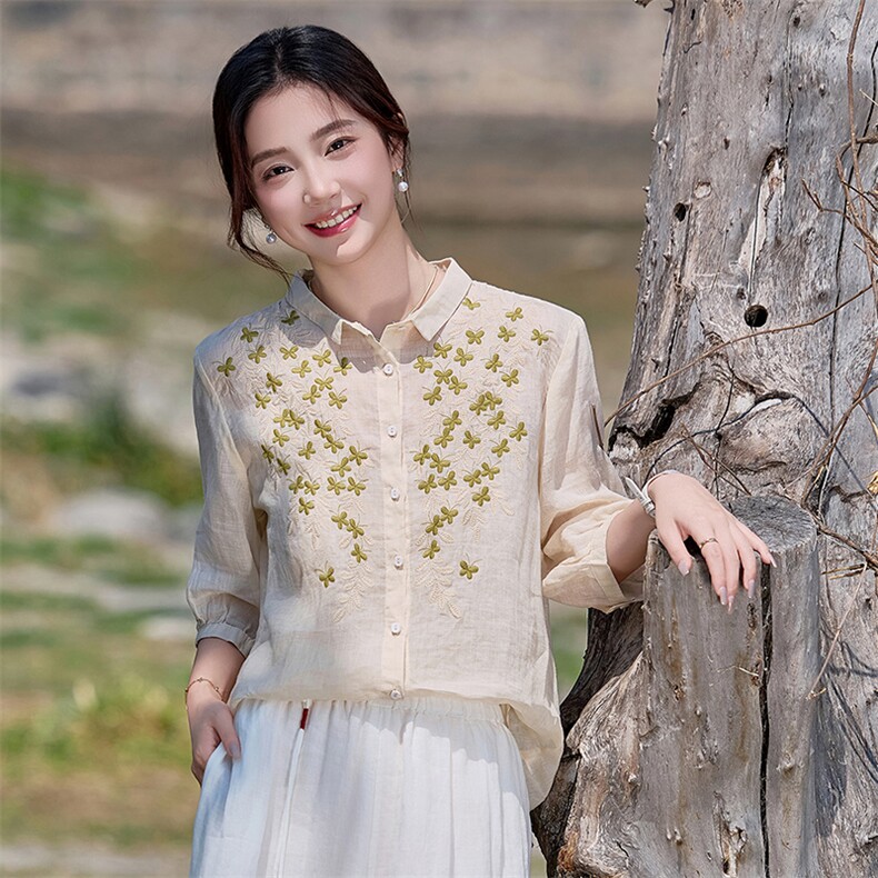 时尚拼色高档刺绣苎麻衬衫女2025新款夏季薄款气质小翻领衬衣小衫,女装衬衫,余墨