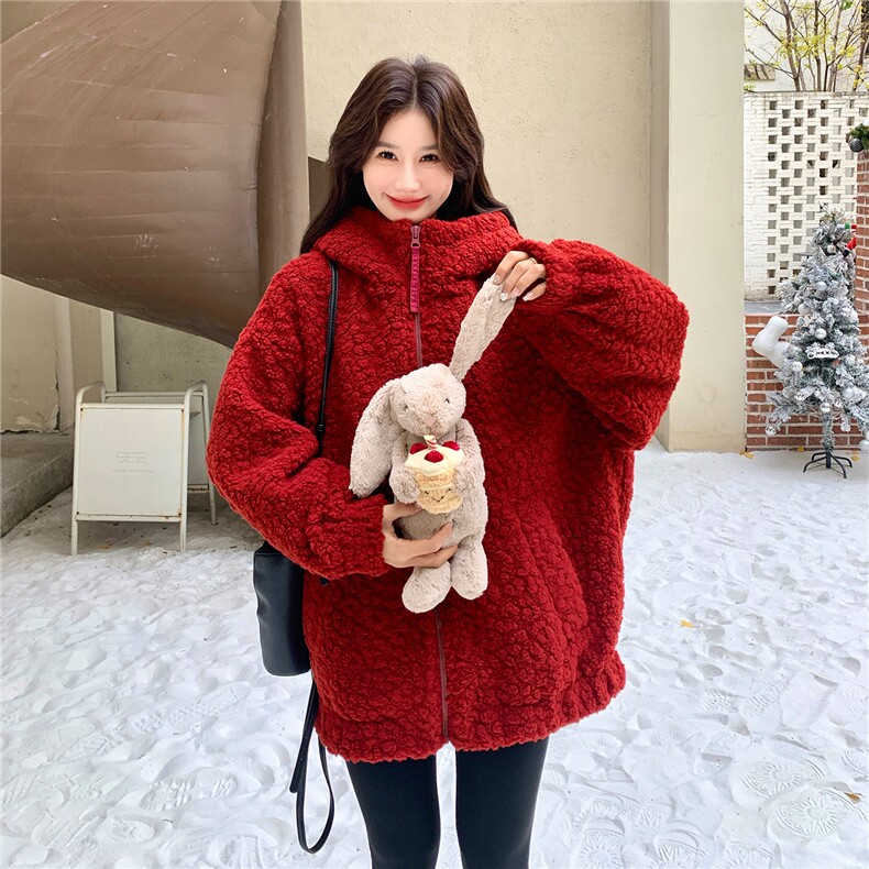 2C085-Q125P225K358新年红羊羔毛中长款外套,女装短外套,2C085
