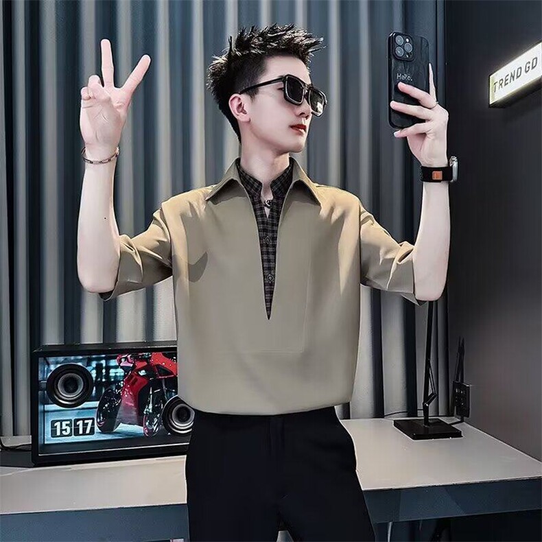 网图现货冰丝衬衫男短袖痞帅假两件潮牌R6829-P48,男装衬衫,星座1005-4