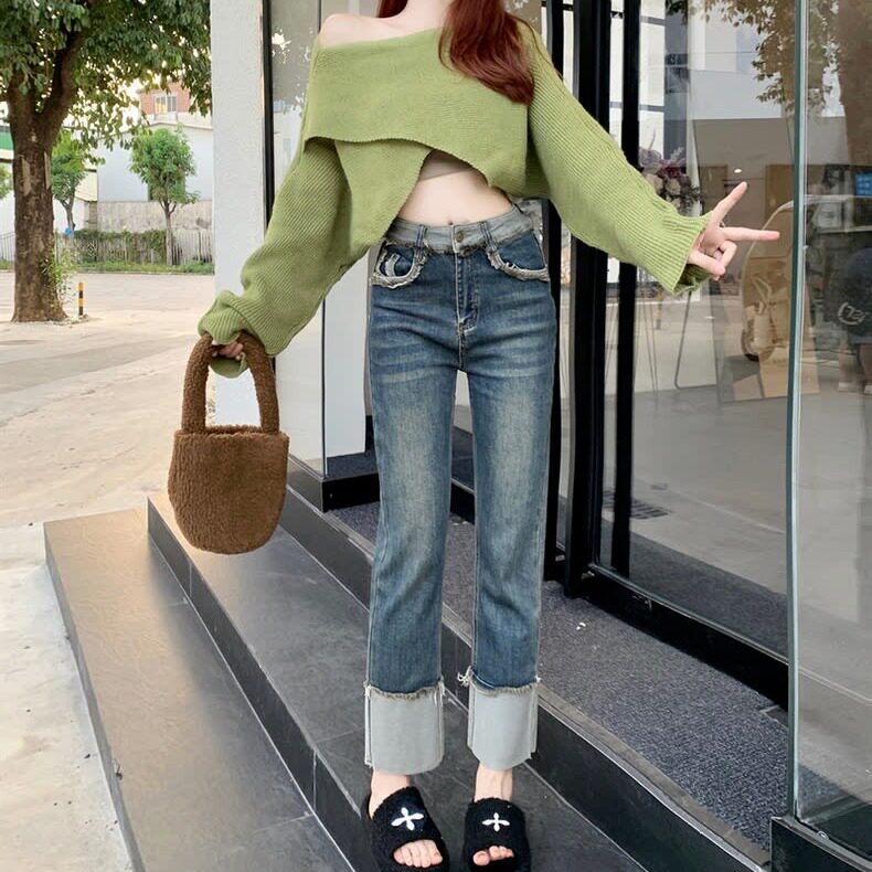 直筒牛仔裤女2025春秋高腰弹力宽松显瘦复古小个子卷边裤九分裤子图片