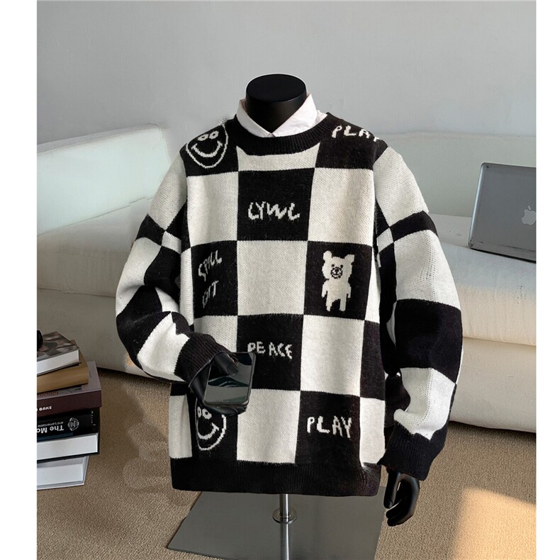 假模风日系棋盘格圆领加厚毛衣套头笑脸大码男士休闲针织衫，男装针织衫/毛衣，星座909-2（原星座717-2）