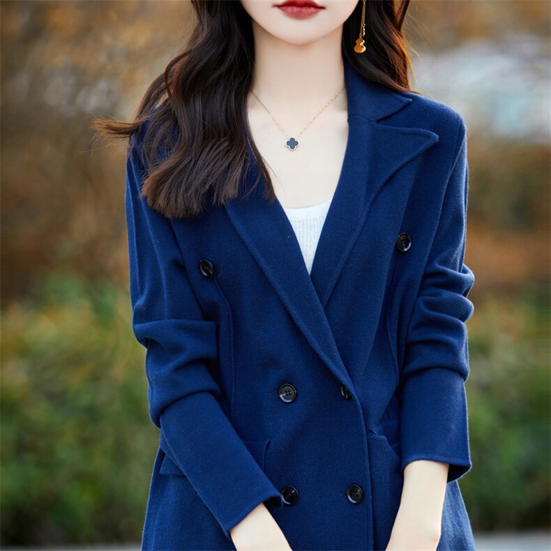 春秋新款西装领羊毛开衫女长袖口袋宽松百搭气质毛衣针织外套上衣,女装羊毛衫,总能电商供货