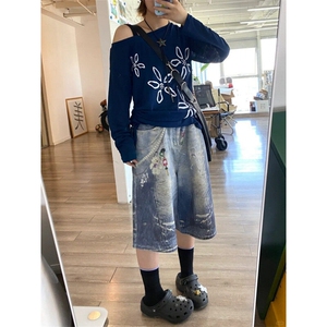 DKN47LL-P60 美式复古贴画印花牛仔短裤男宽松直筒七分裤图片