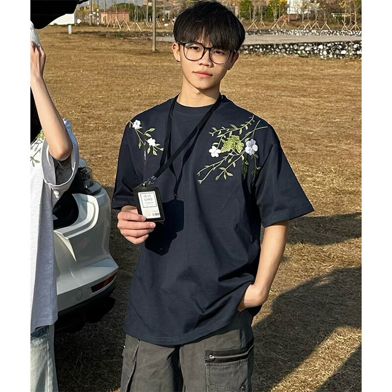 万针全刺绣工艺抖音得物高品质260克重磅纯棉双纱美式高街短袖T恤,男装T恤,电商A486