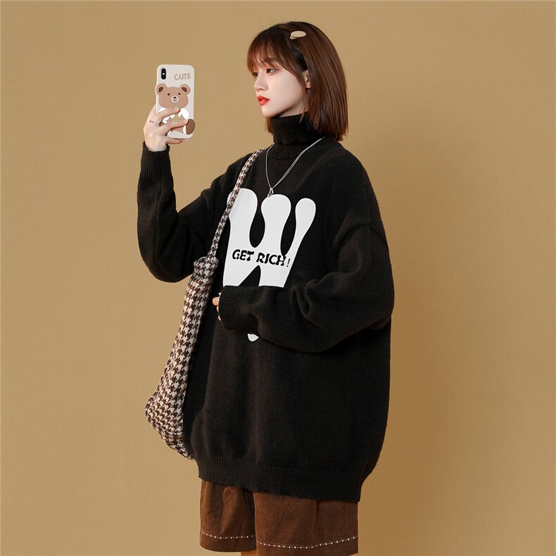 中性22冬季时尚潮流设计感W字母印花可翻高领套头毛衣M953P55控78,男装针织衫/毛衣,A247A