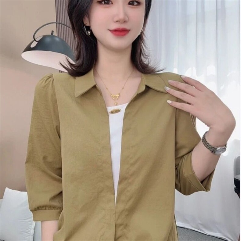 :2025新款拼接假两件衬衫设计洋气百搭女士上衣衬衣显瘦小衫，女装衬衫，思沃羊绒