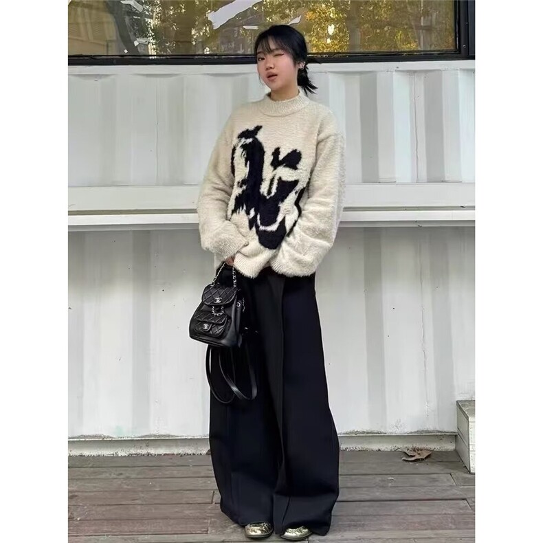 韩chic秋季复古圆领字母印花撞色宽松马海毛长袖套头针织毛衣女,男装针织衫/毛衣,星座506A