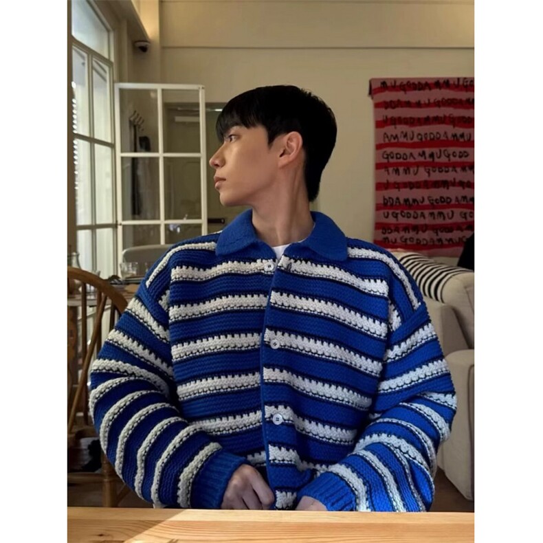 秋季新款Polo领彩色条纹毛衣男宽松休闲慵懒风撞色针织衫MY001,男装针织衫/毛衣,星座1116A（原606A-3）